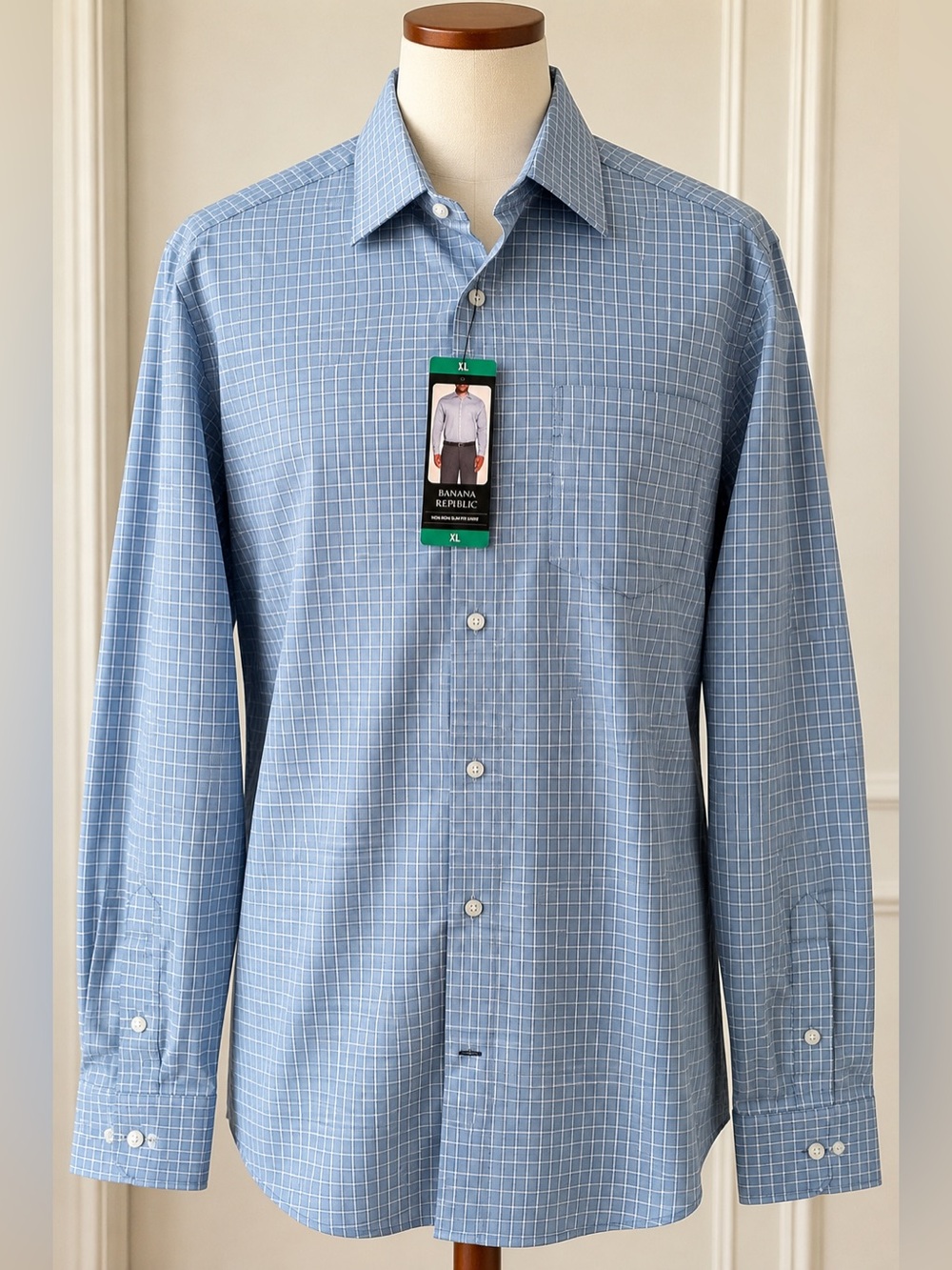 Banana Republic XL NWT Non Iron Slim Fit Blue Check 100% Cotton Dress Shirt